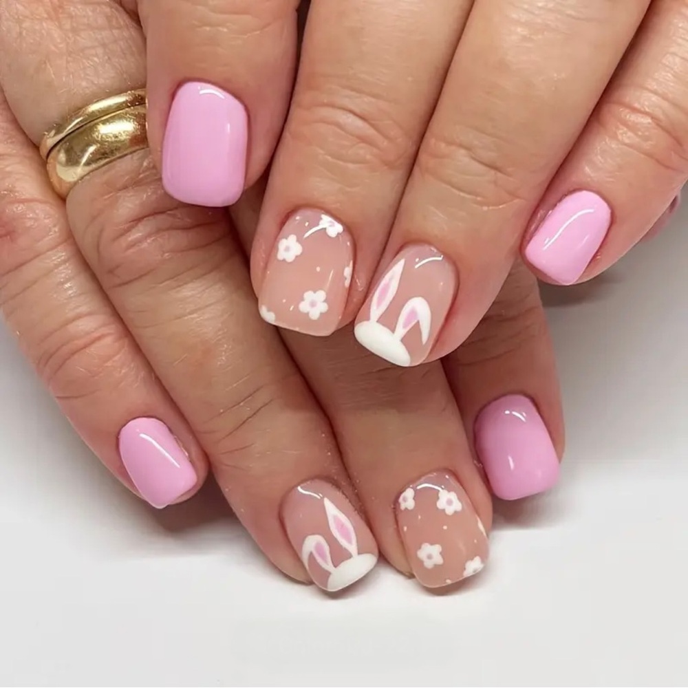Cute Bunny & Floral Pink Press-On Nails | 24pc Reusable Set